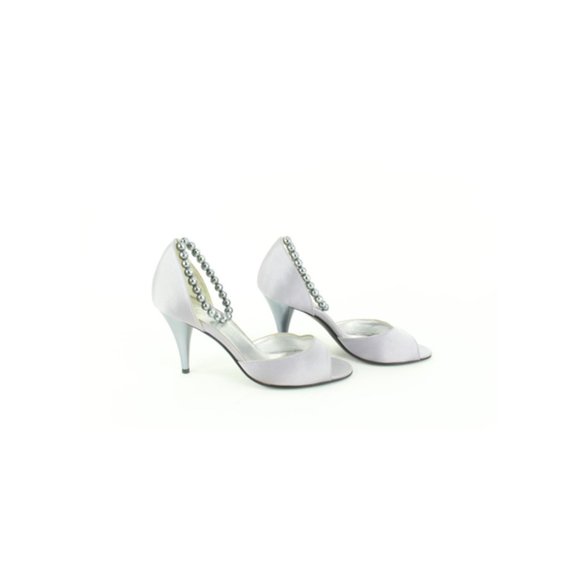 Chanel Size 36.5 Grey Satin Peep Toe Pearl Ankle Strap Pumps Size 13c48 - Picture 6 of 12